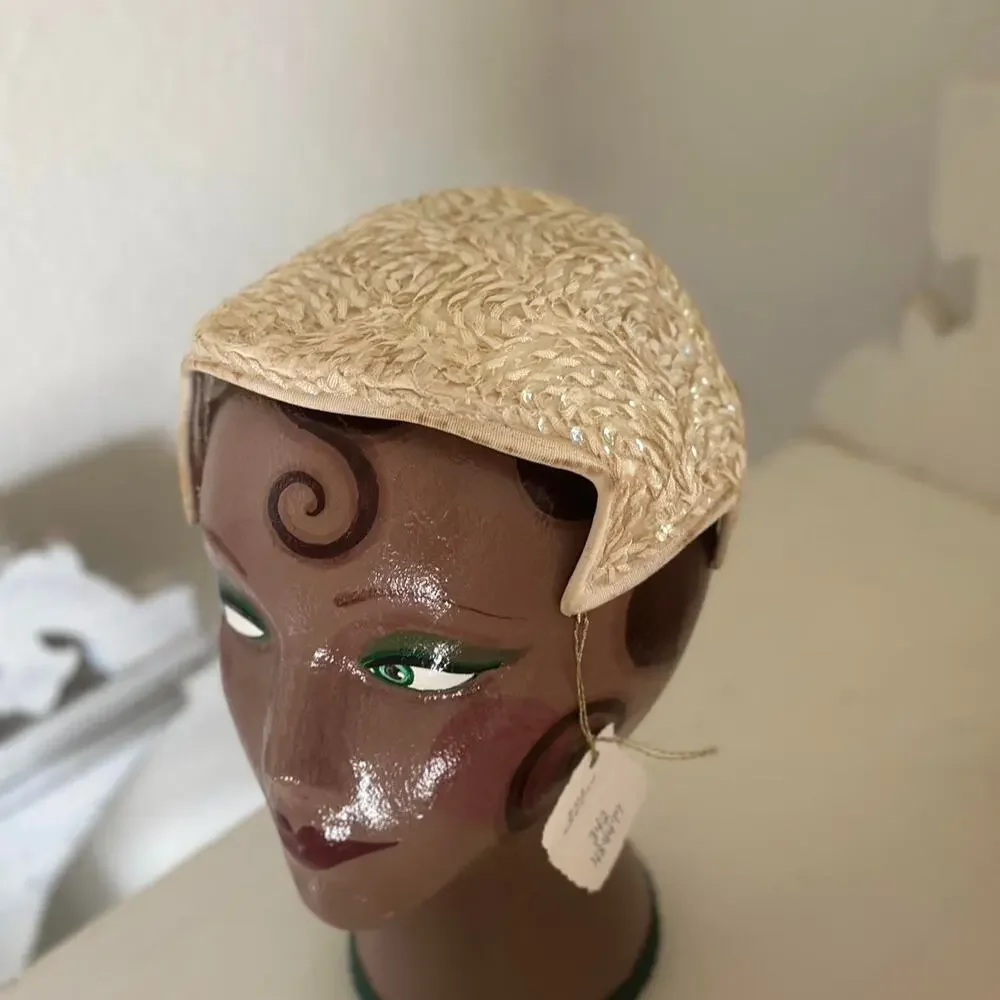 Felice Fashions Cap Cream Aurora Structured Sequined Hat Sculpted Wing Design